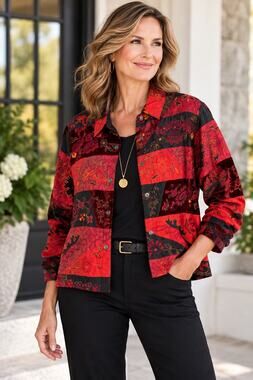 Chico’s Design Jacket Size 3 XL Silk Rayon Embroidered Patchwork Red Black